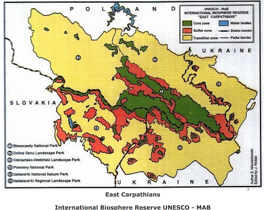 Мапа міжнародного біосферного заповідника Східні Карпати