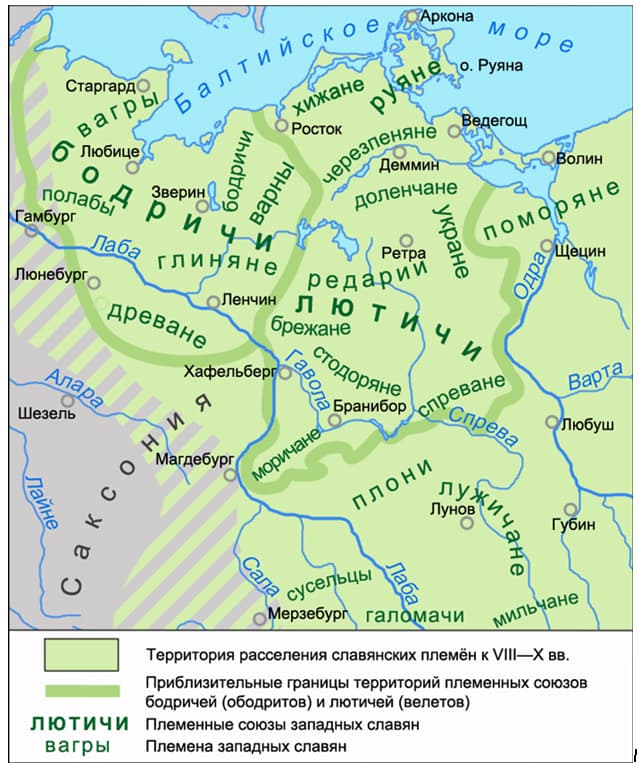 Мапа західних слов'ян: лютичі, ободрити, ругії, ретарії