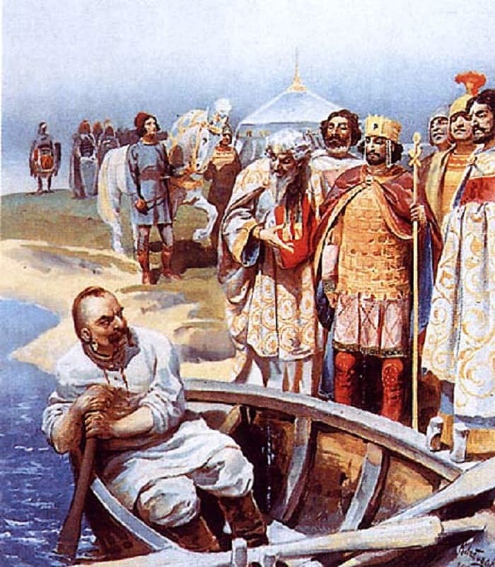 Святослав припливає на човні до візантійських послів
