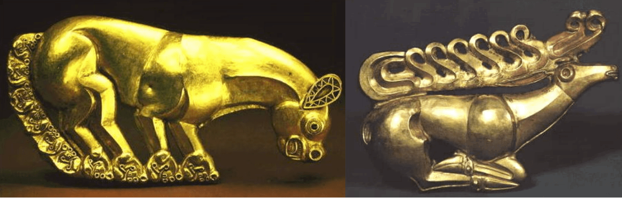 Золоті скіфські прикраси у формі пантери і оленя